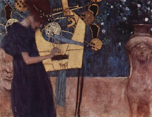 Gustav Klimt featured a harp-like instrument in his 1895 painting "Die Musik" (The Music).