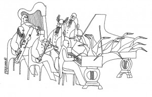 Australian Cartoonist Donald Greenfield depicted a harpist in one of his work.