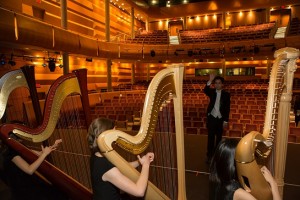 Harp Sinfonia in rehearsal before concert conducted by Andrew Chan. (2015)